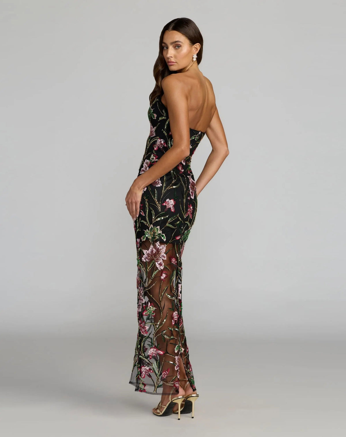 Mac Duggal Black Strapless Floral Embroidered Column Dress