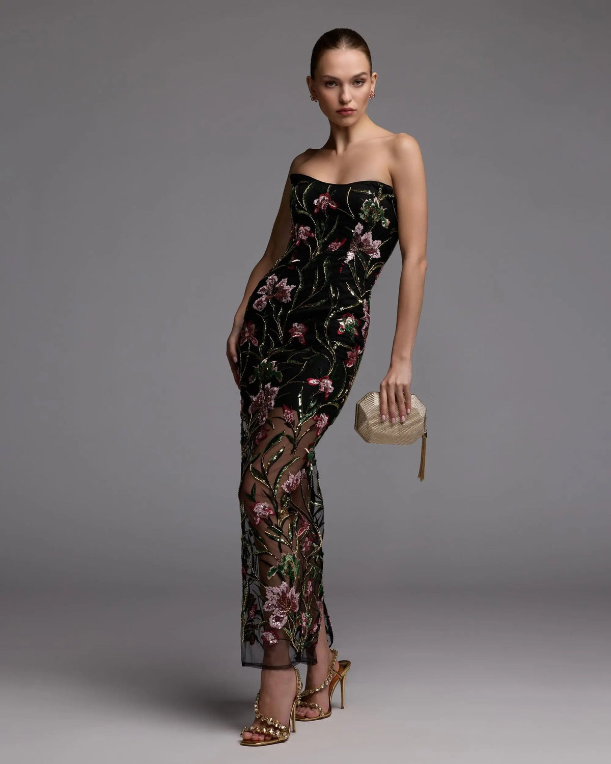 Mac Duggal Black Strapless Floral Embroidered Column Dress