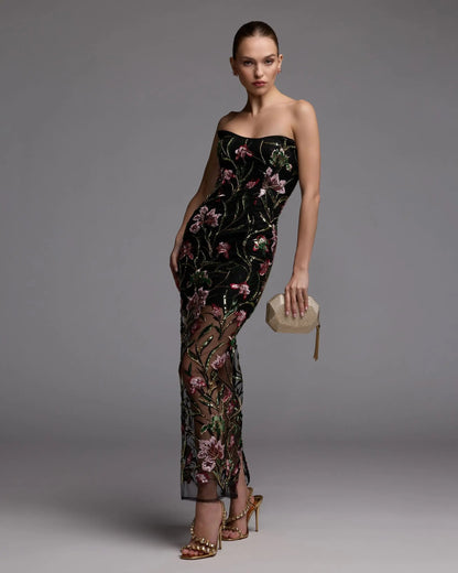 Mac Duggal Black Strapless Floral Embroidered Column Dress