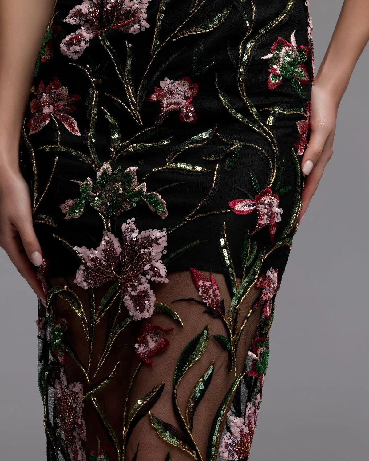 Mac Duggal Black Strapless Floral Embroidered Column Dress