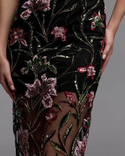 Mac Duggal Black Strapless Floral Embroidered Column Dress