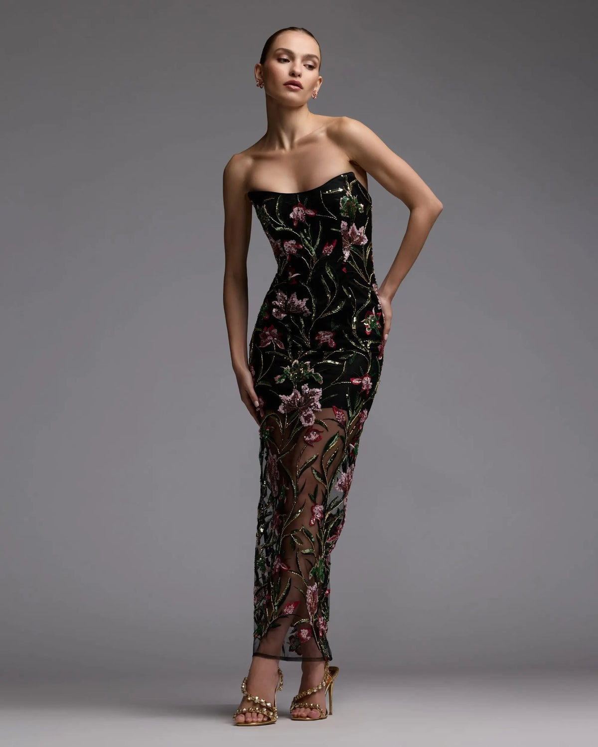 Mac Duggal Black Strapless Floral Embroidered Column Dress
