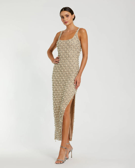 Mac Duggal Beige Pearl Embellished Scoop Neck Midi Dress