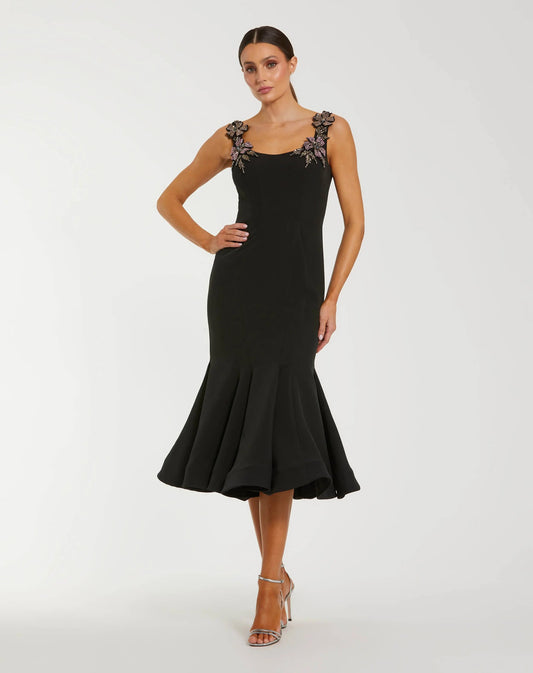 Mac Duggal Black Sleeveless Midi Dress With Floral Embellishments
