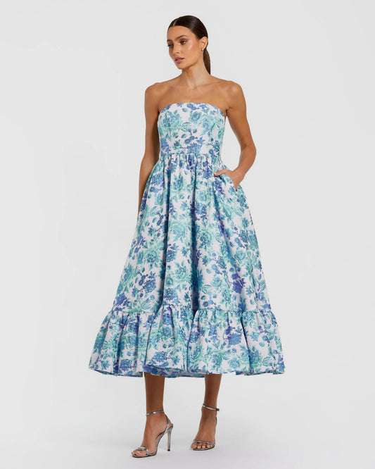 Mac Duggal Blue Floral Brocade Strapless A Line Midi Dress