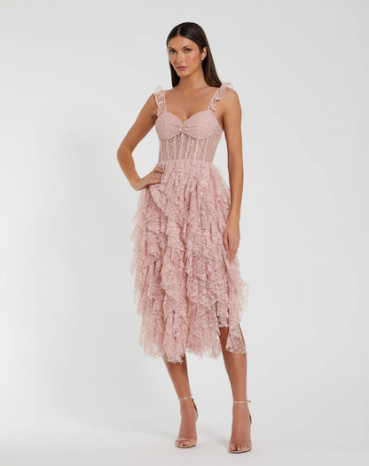 Mac Duggal Blush Lace Tiered Ruffle Midi Dress