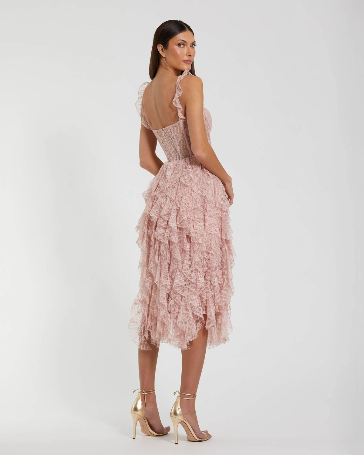 Mac Duggal Blush Lace Tiered Ruffle Midi Dress