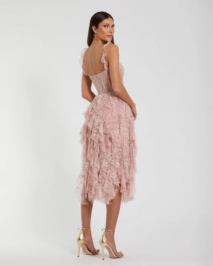 Mac Duggal Blush Lace Tiered Ruffle Midi Dress