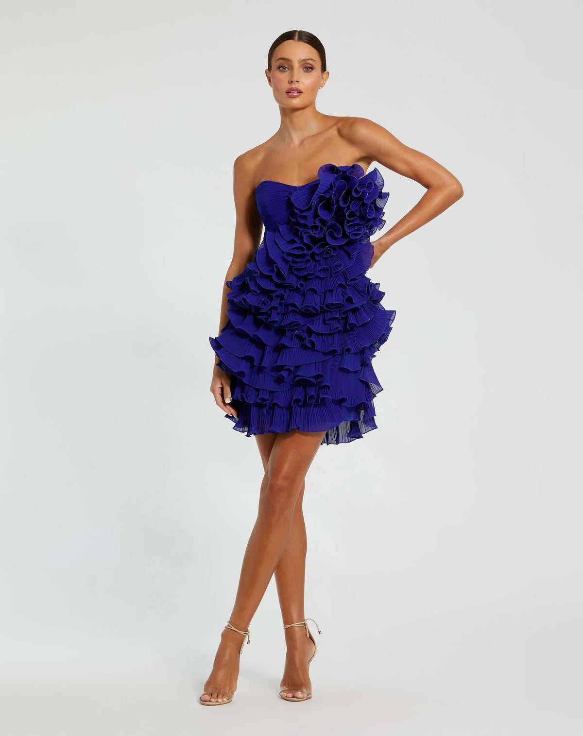 Mac Duggal Blue Strapless Bustier Ruffle Mini Dress