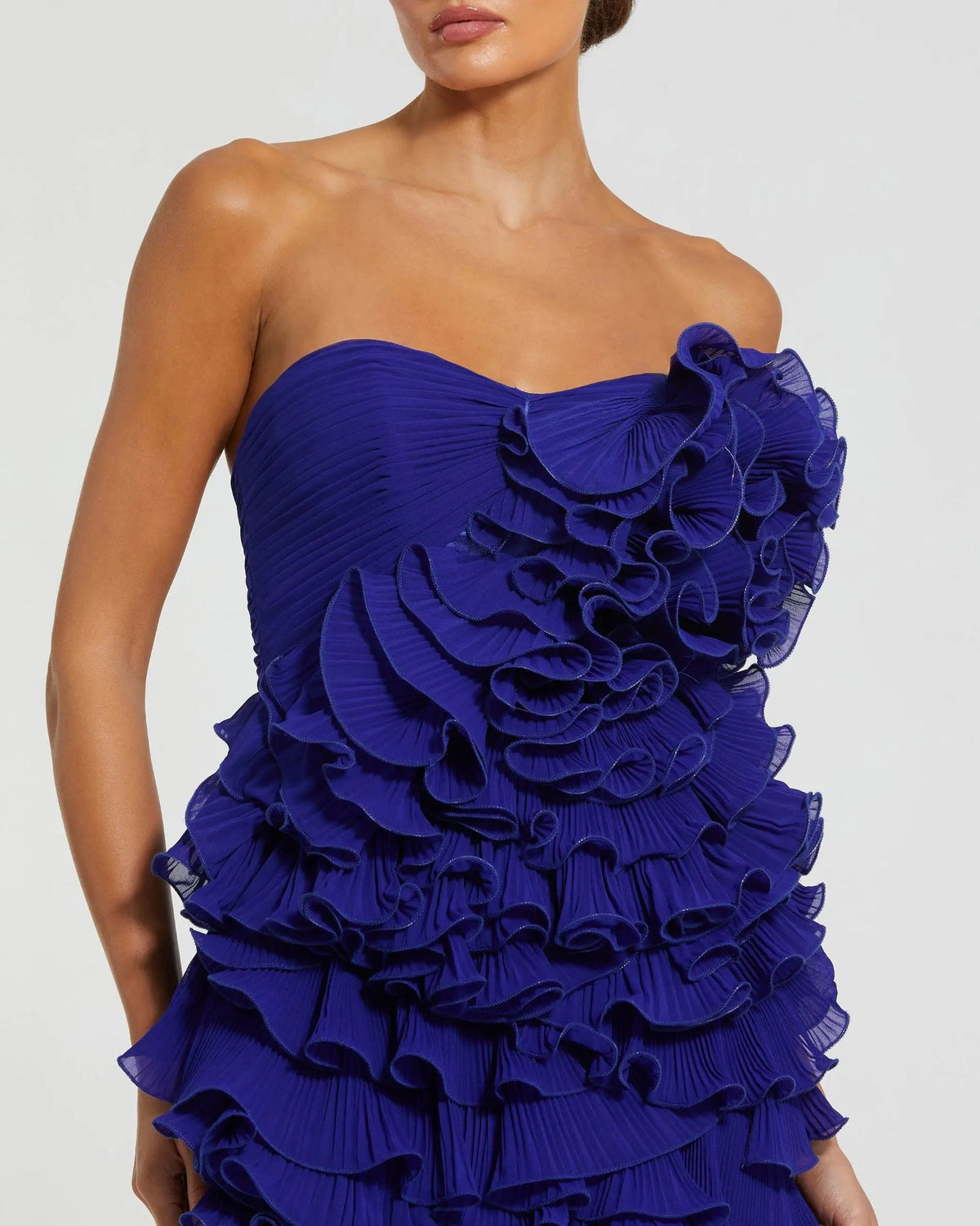 Mac Duggal Blue Strapless Bustier Ruffle Mini Dress