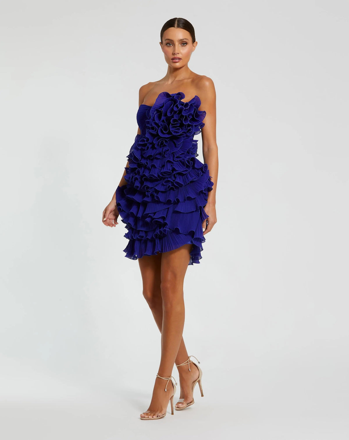 Mac Duggal Blue Strapless Bustier Ruffle Mini Dress
