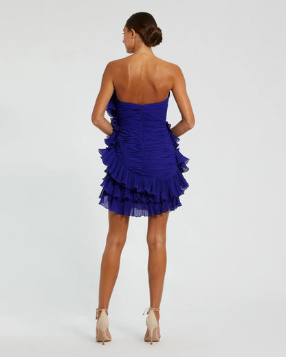 Mac Duggal Blue Strapless Bustier Ruffle Mini Dress