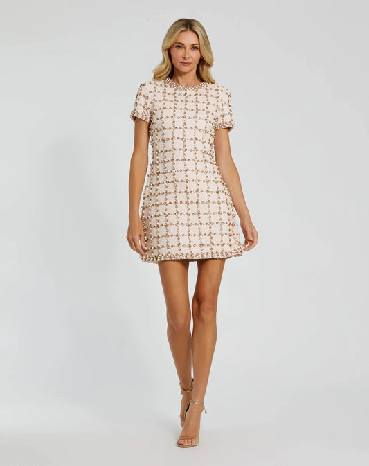 Mac Duggal Pink Rhinestone Pearl Embellished Mini Dress