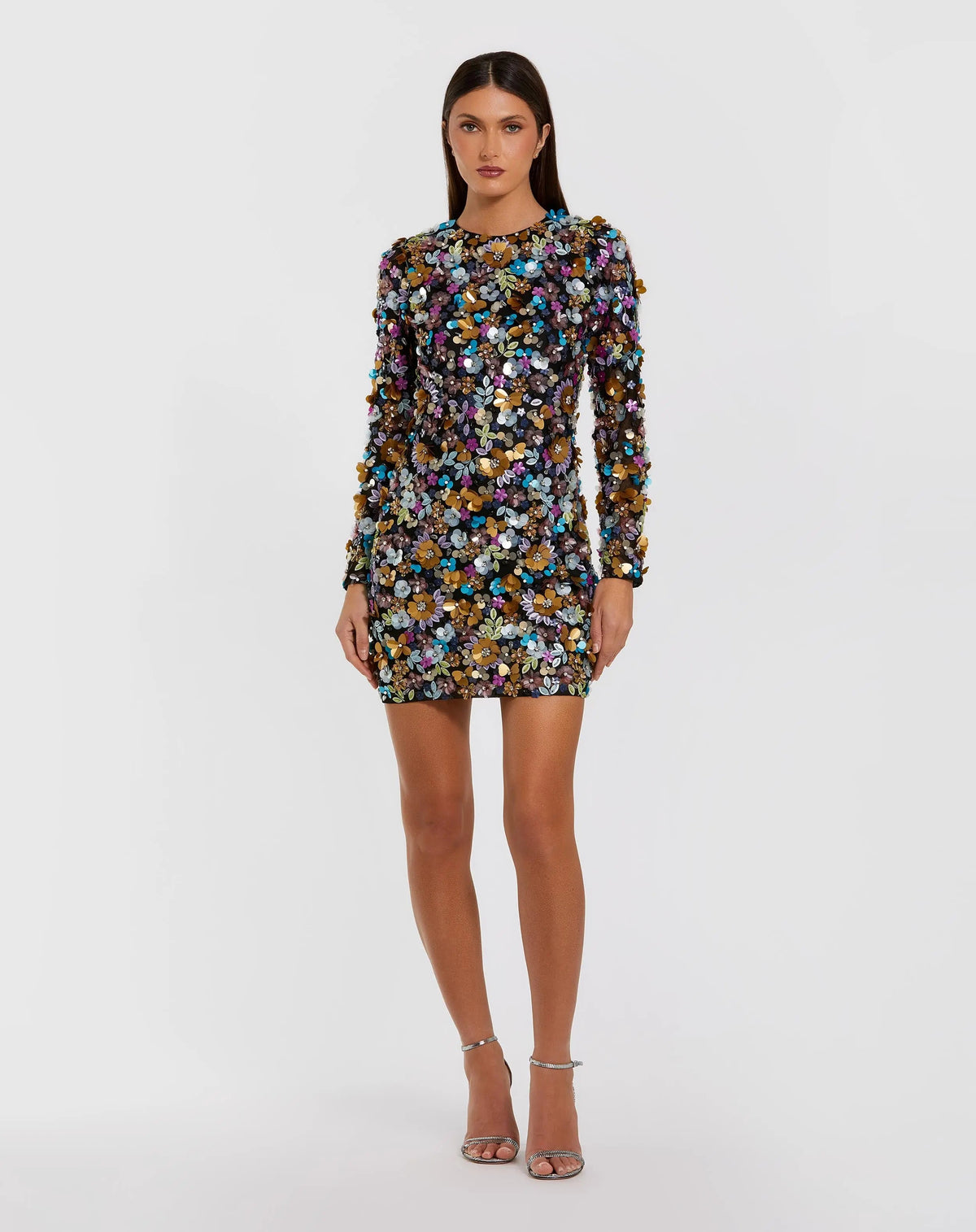 Mac Duggal Black Long Sleeve Multicolor 3D Sequin Mini Dress