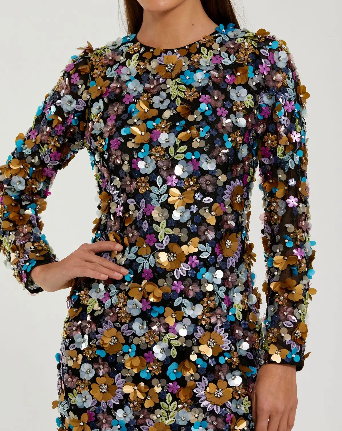 Mac Duggal Black Long Sleeve Multicolor 3D Sequin Mini Dress