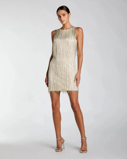 Mac Duggal Ivory Beaded Fringe Mini Dress