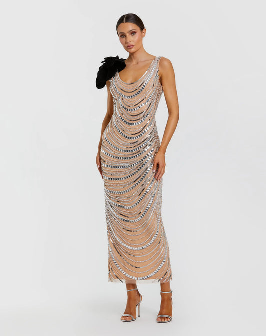 Mac Duggal Silver Nude Sequin Cowl Maxi Dress With Velvet Flower