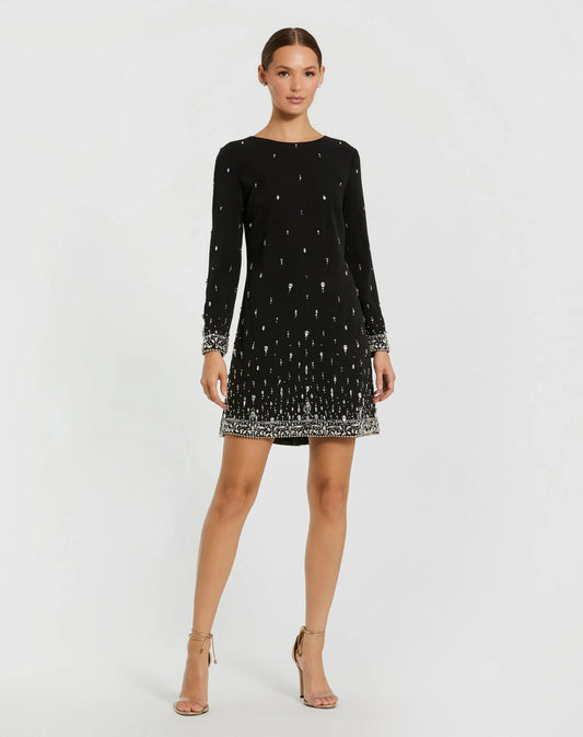 Mac Duggal Black Embellished Crepe Long Sleeve Mini Dress