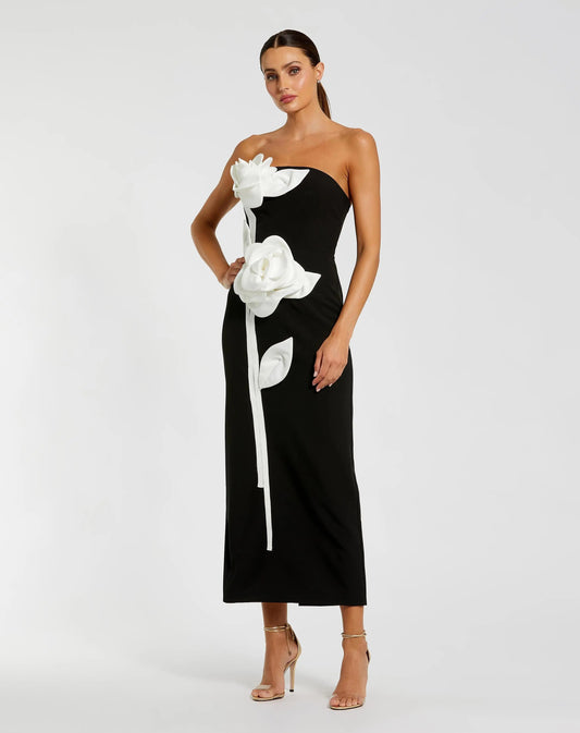 Mac Duggal Black Strapless Crepe Dress With 3D Satin Flowers