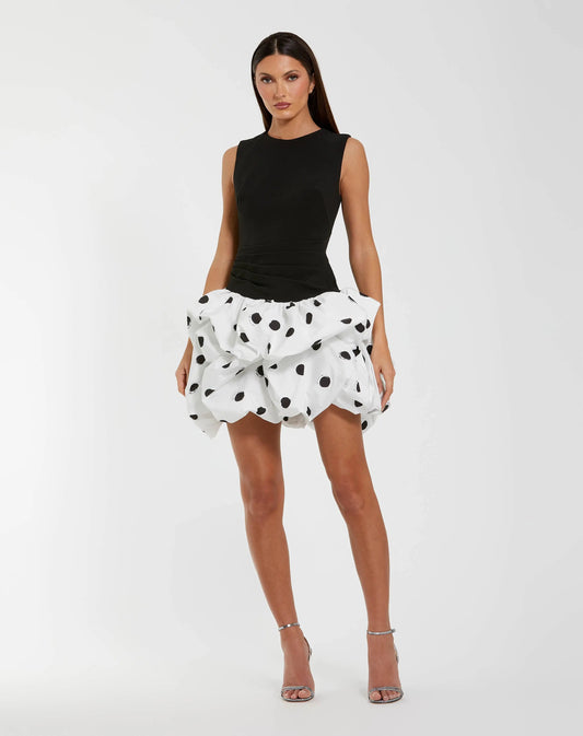 Mac Duggal Black and White Polka Dot Bubble Skirt Mini Dress | Ieena for Mac Duggal