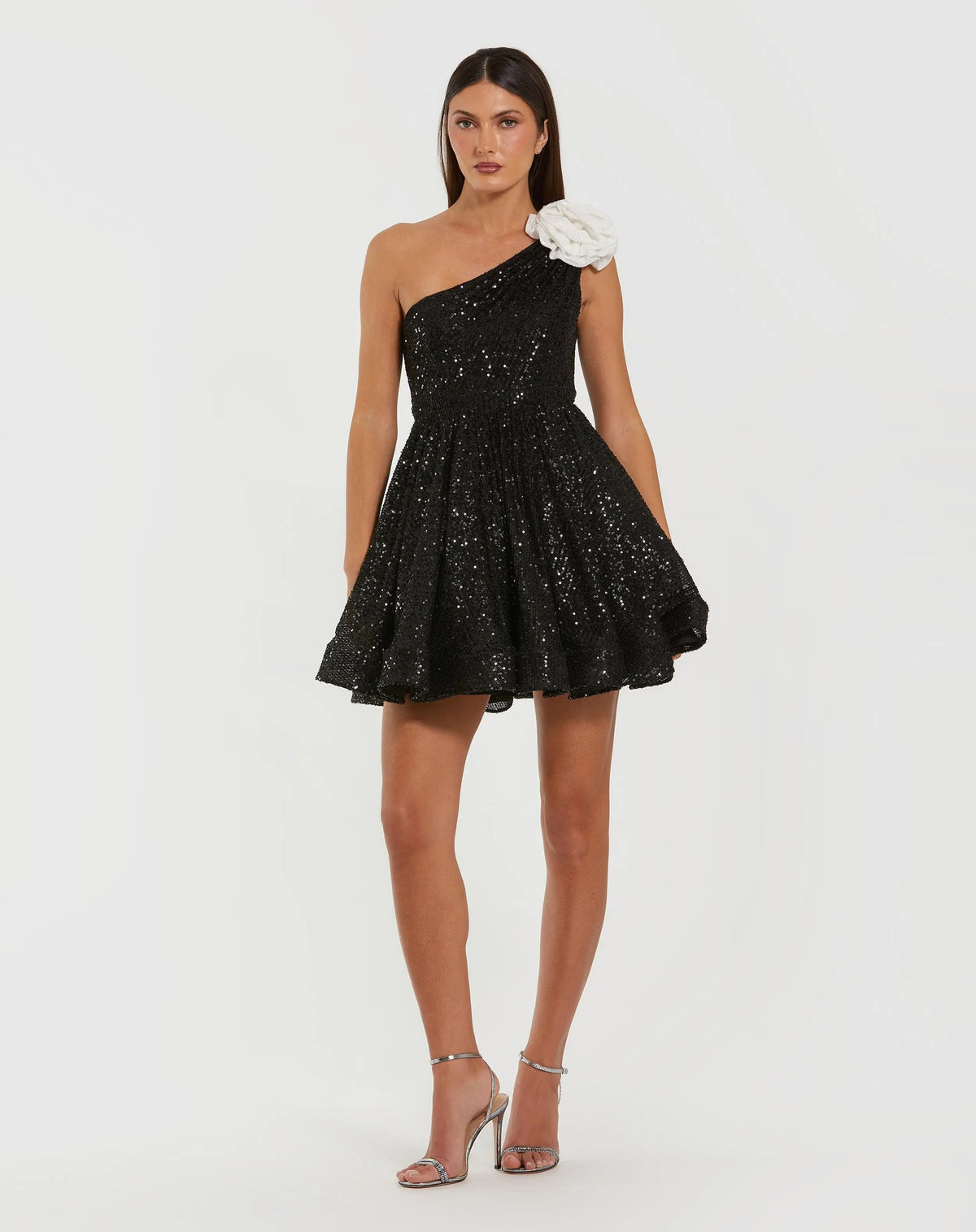 Mac Duggal Black One Shoulder Sequin Mini Dress With 3D Flower