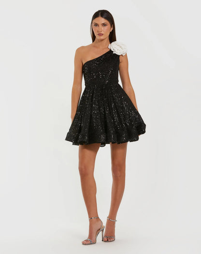 Mac Duggal Black One Shoulder Sequin Mini Dress With 3D Flower