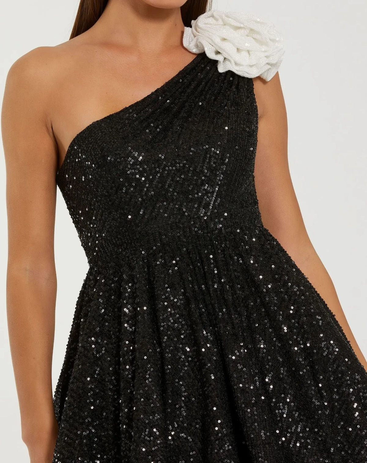Mac Duggal Black One Shoulder Sequin Mini Dress With 3D Flower