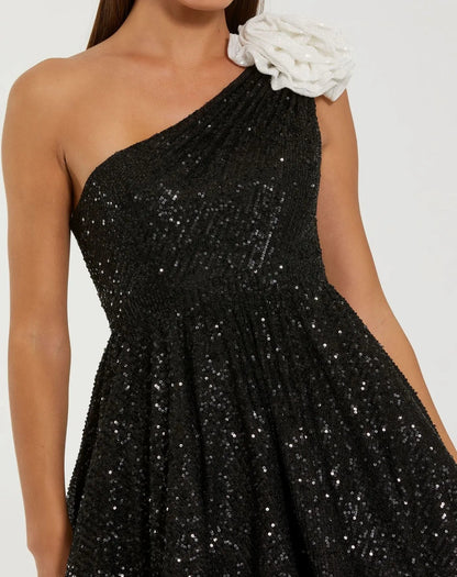 Mac Duggal Black One Shoulder Sequin Mini Dress With 3D Flower