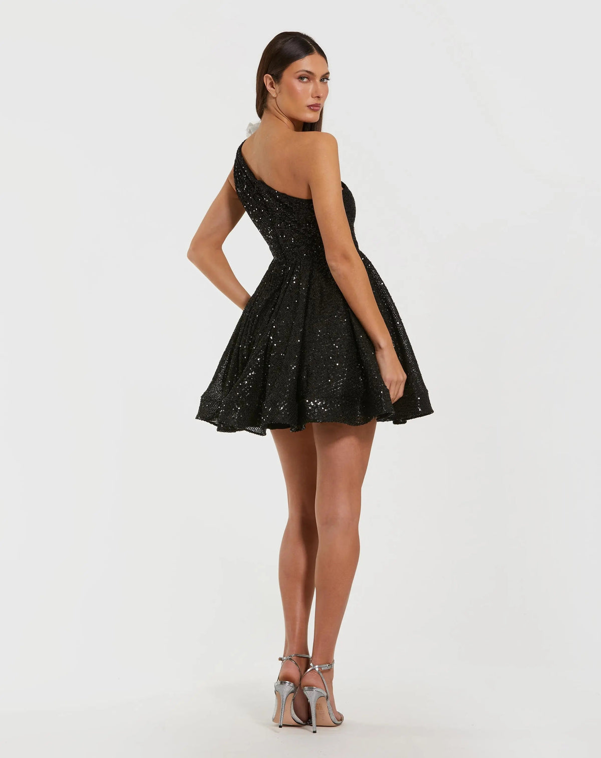 Mac Duggal Black One Shoulder Sequin Mini Dress With 3D Flower