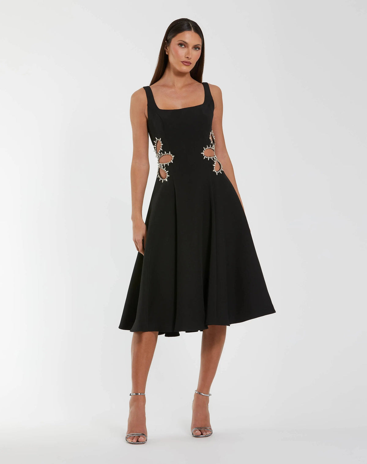 Mac Duggal Black Sleeveless Crepe Rhinestone Cutout Midi Dress