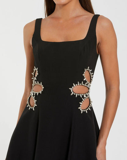 Mac Duggal Black Sleeveless Crepe Rhinestone Cutout Midi Dress