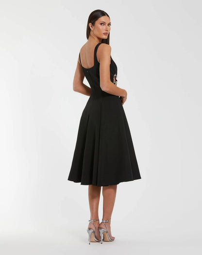 Mac Duggal Black Sleeveless Crepe Rhinestone Cutout Midi Dress