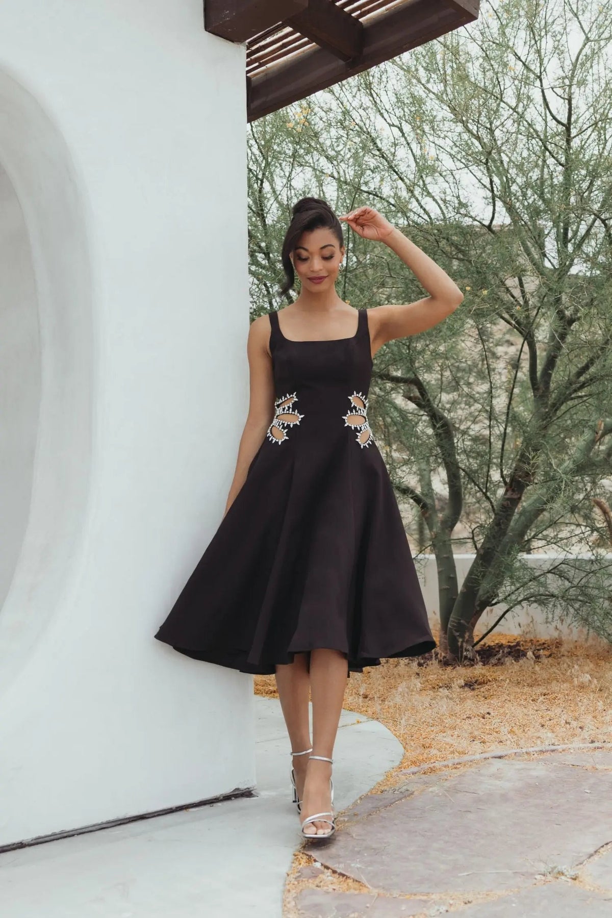 Mac Duggal Black Sleeveless Crepe Rhinestone Cutout Midi Dress