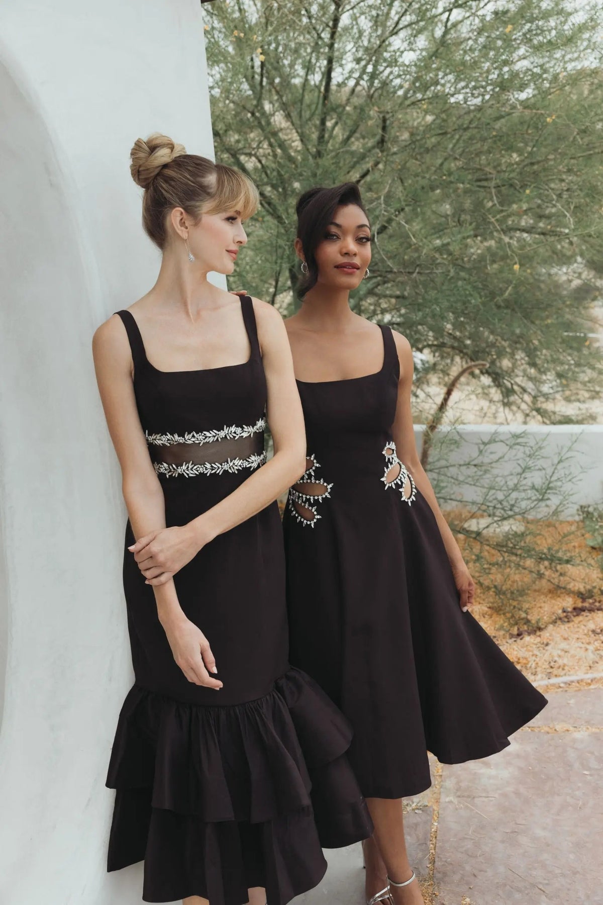 Mac Duggal Black Sleeveless Crepe Rhinestone Cutout Midi Dress
