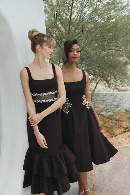 Mac Duggal Black Sleeveless Crepe Rhinestone Cutout Midi Dress