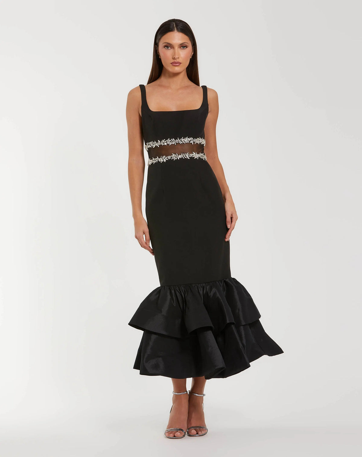 Mac Duggal Black Crepe Ruffle Hem Midi Dress With Jewel Detail