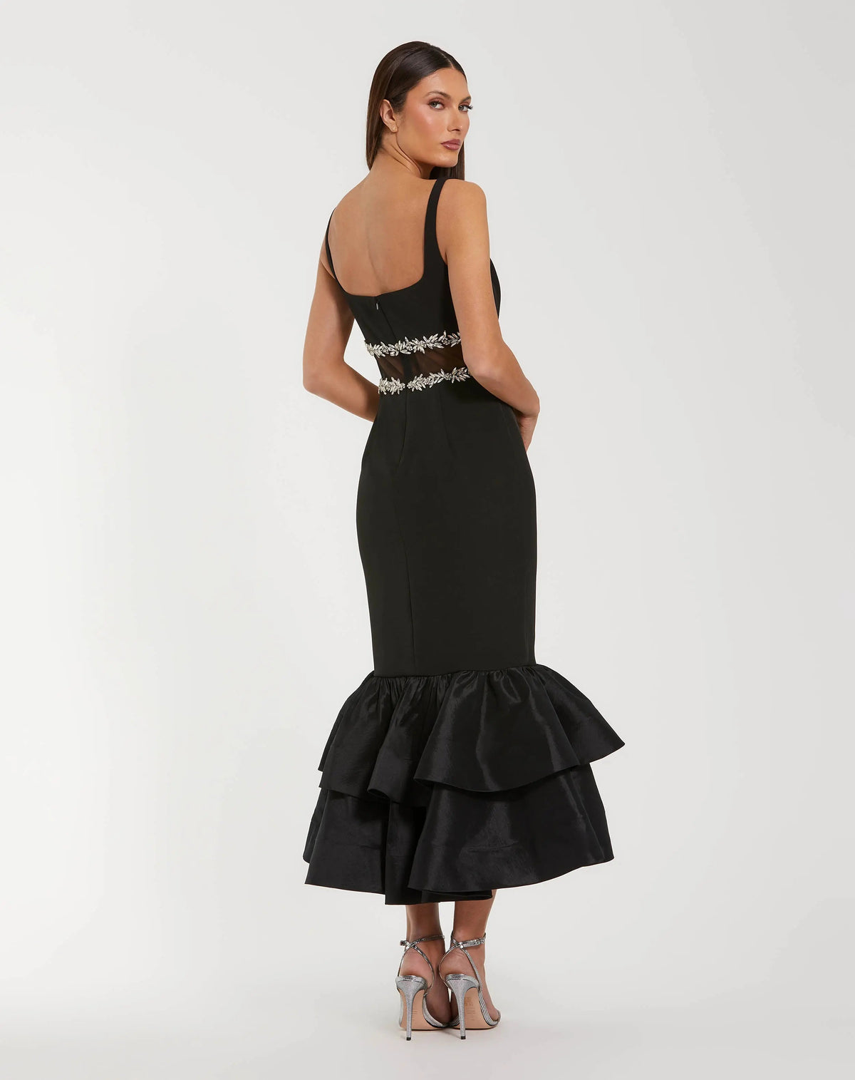 Mac Duggal Black Crepe Ruffle Hem Midi Dress With Jewel Detail