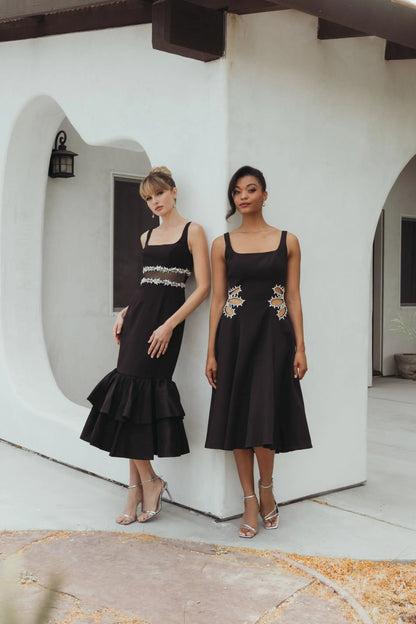 Mac Duggal Black Crepe Ruffle Hem Midi Dress With Jewel Detail