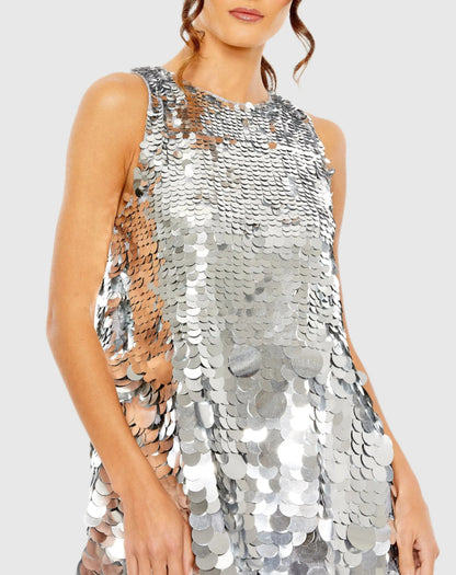 Mac Duggal Silver Paillette Sequin Sleeveless Mini Dress
