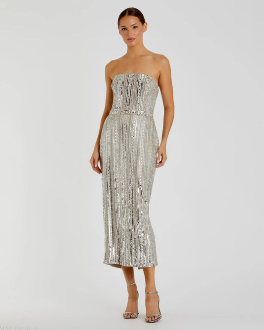 Mac Duggal Silver and Beige Embellished Strapless Sheath Dress Duggal