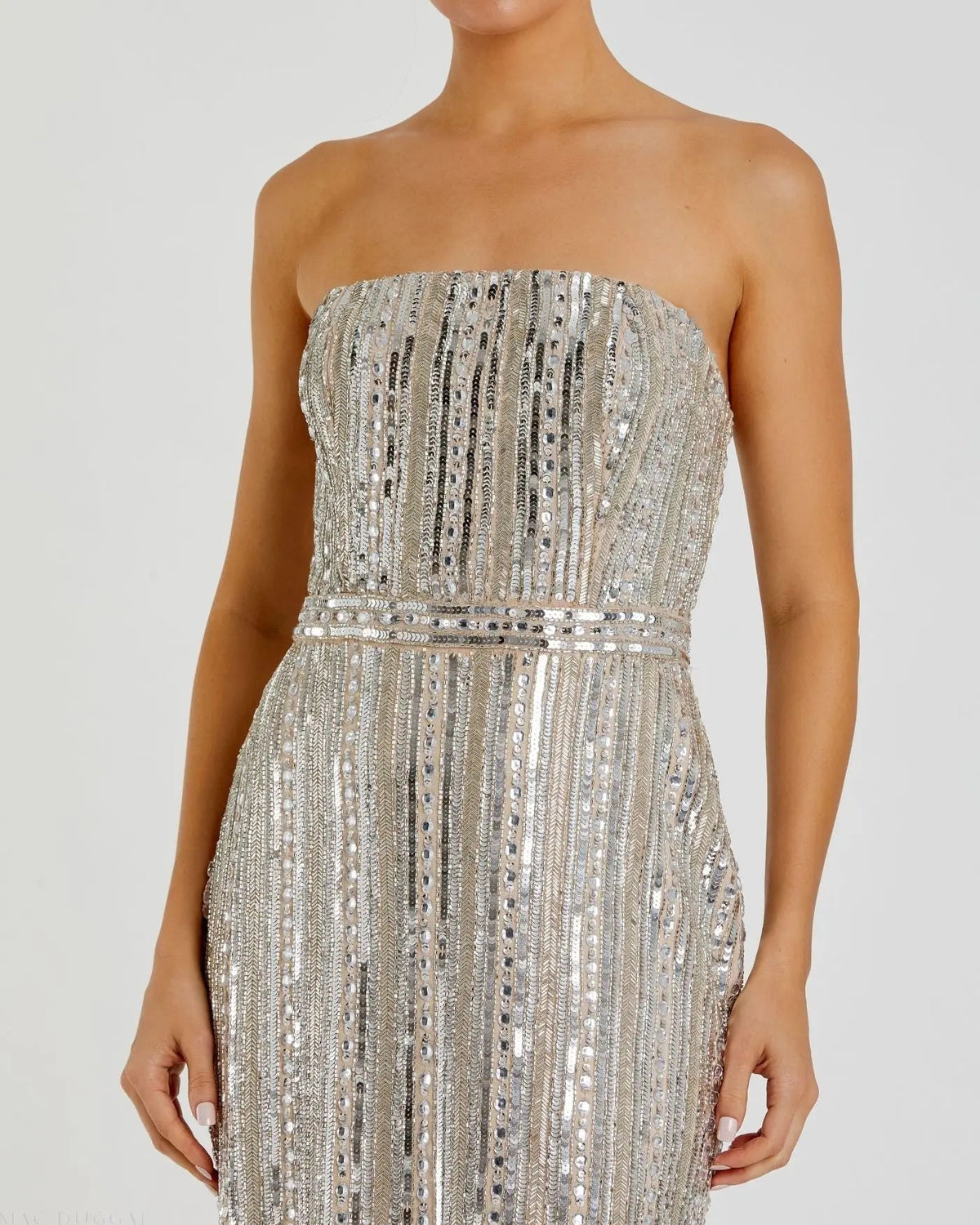 Mac Duggal Silver and Beige Embellished Strapless Sheath Dress Duggal