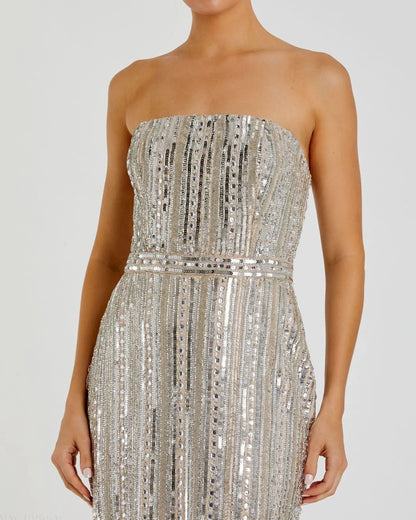 Mac Duggal Silver and Beige Embellished Strapless Sheath Dress Duggal