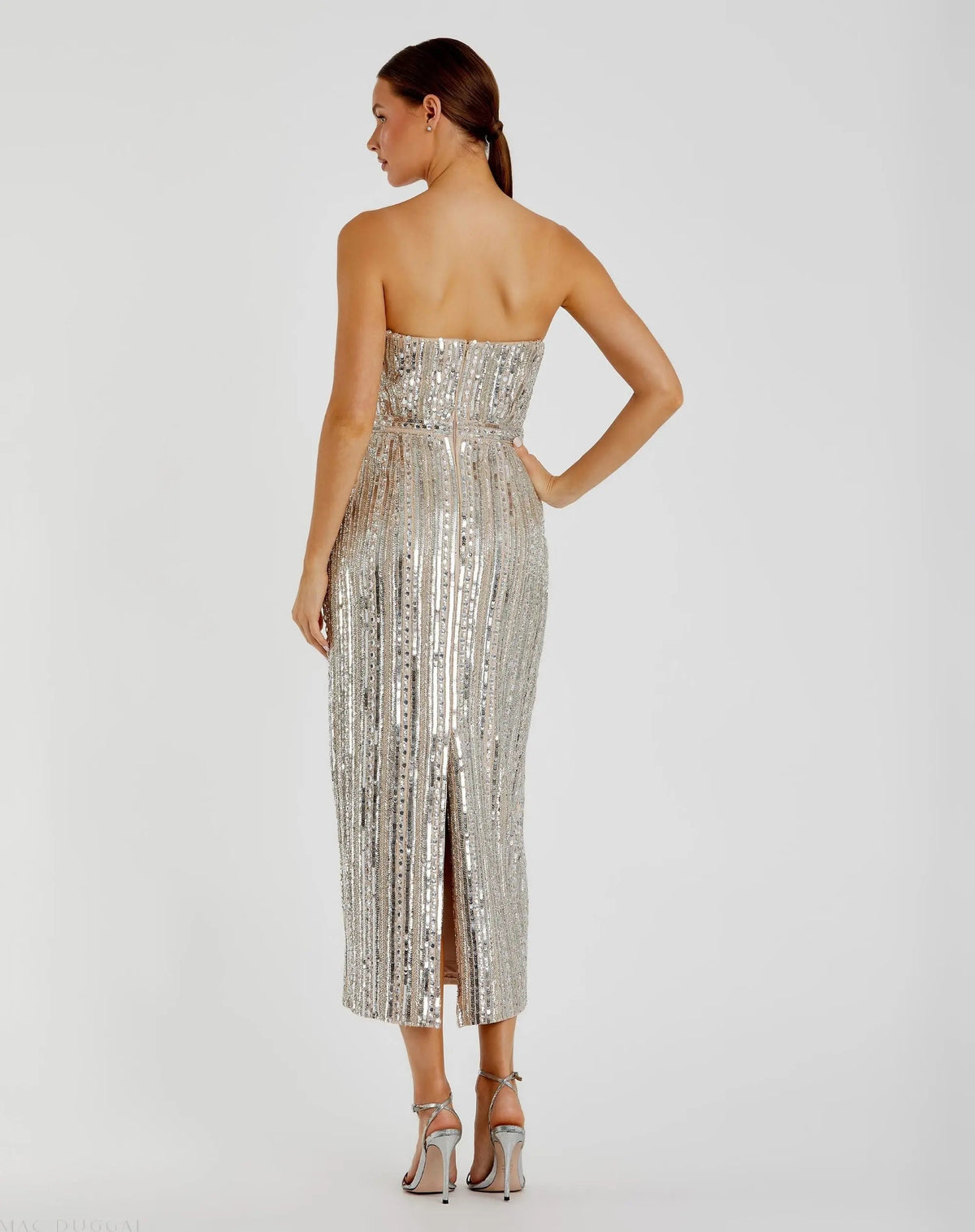 Mac Duggal Silver and Beige Embellished Strapless Sheath Dress Duggal
