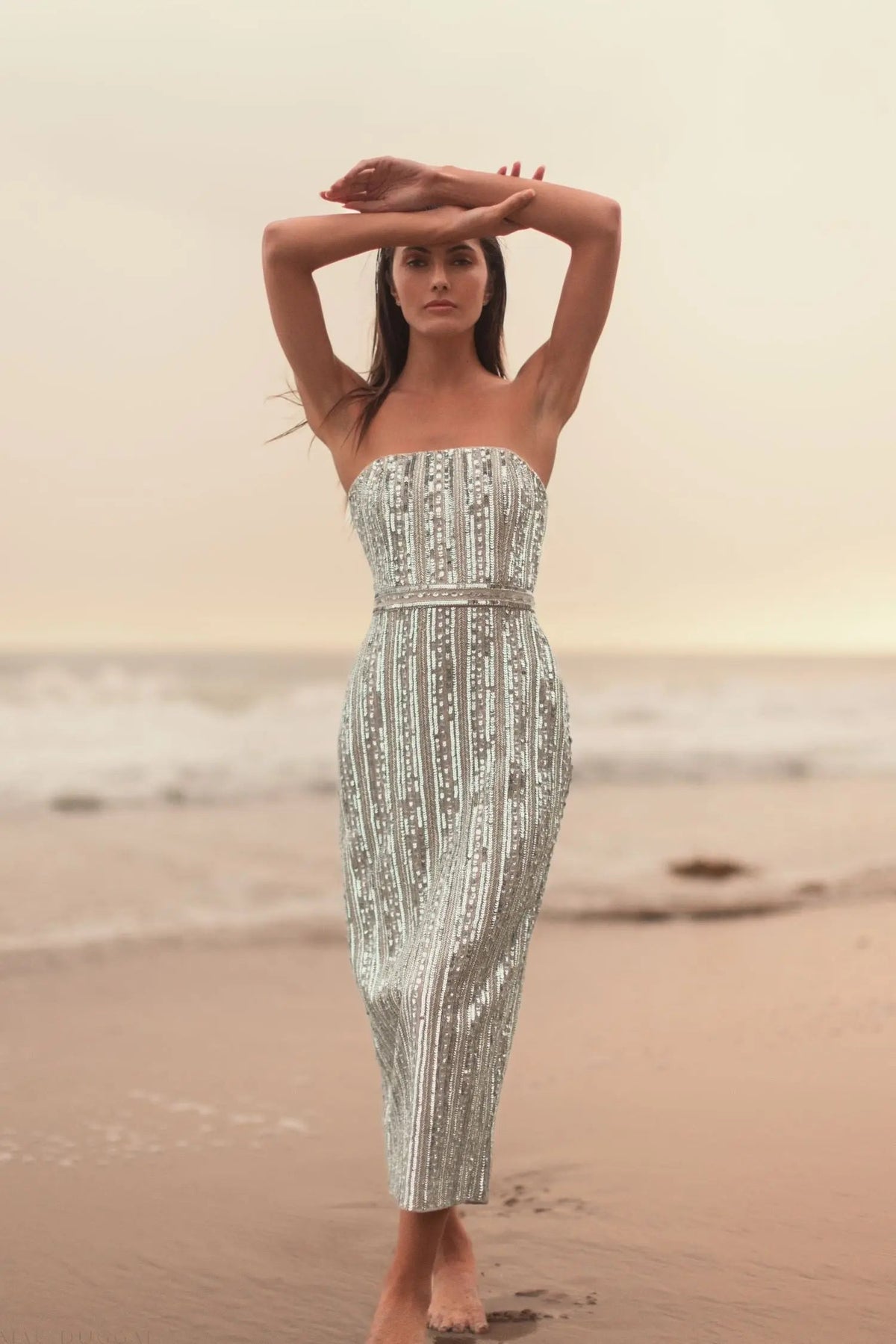 Mac Duggal Silver and Beige Embellished Strapless Sheath Dress Duggal