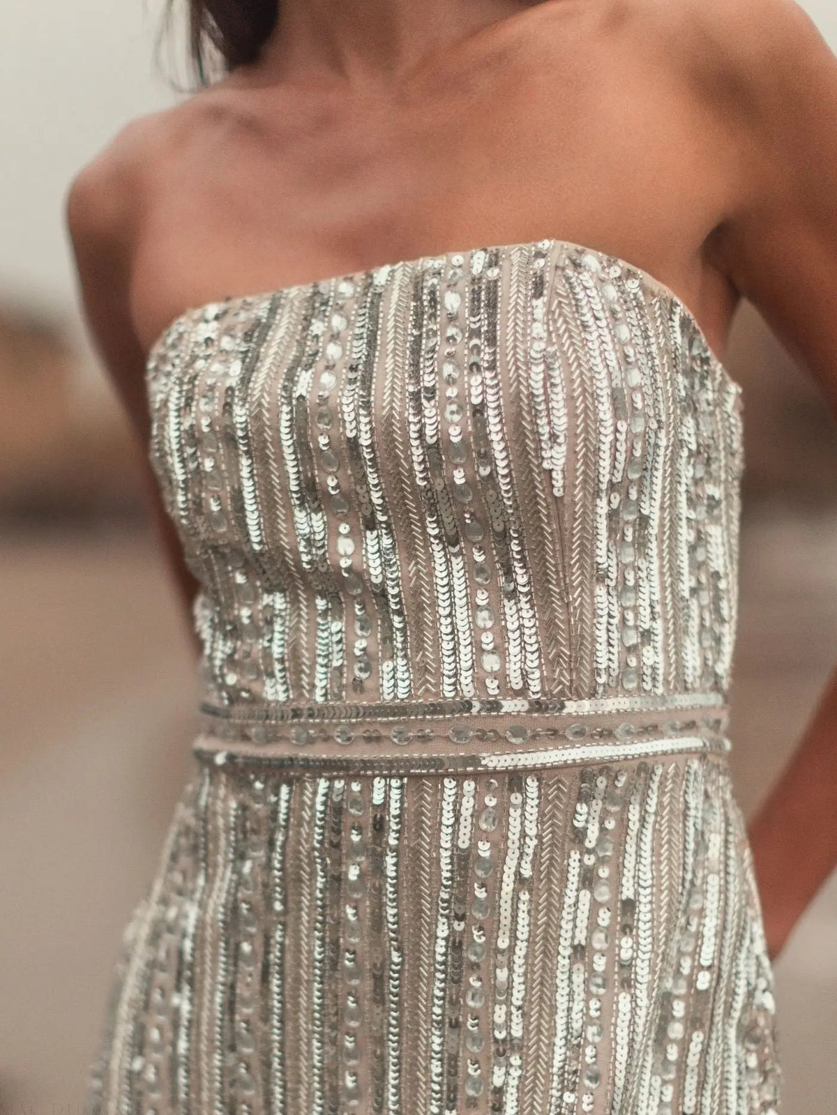 Mac Duggal Silver and Beige Embellished Strapless Sheath Dress Duggal