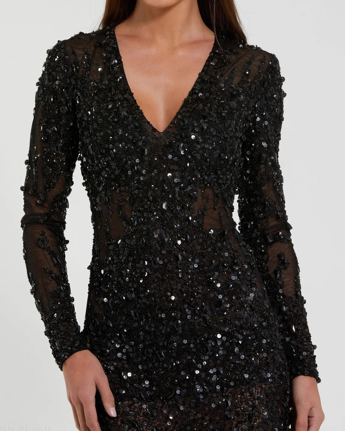 Mac Duggal Black Long Sleeve Sheer Embellished Mini Dress