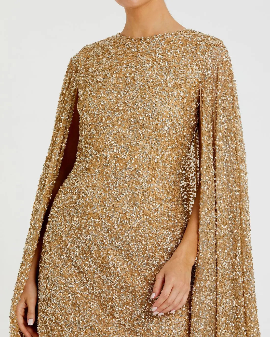Mac Duggal Gold Sequin Cape Sleeve Mini Dress