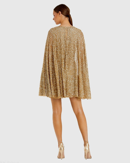 Mac Duggal Gold Sequin Cape Sleeve Mini Dress
