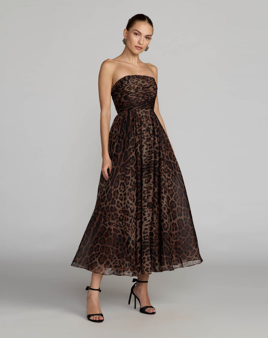 Mac Duggal Leopard Strapless A-Line Chiffon Midi Dress