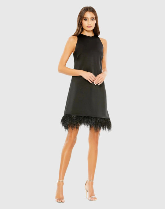Mac Duggal Black Feathered Hem High Neck Sleeveless Trapeze Dress